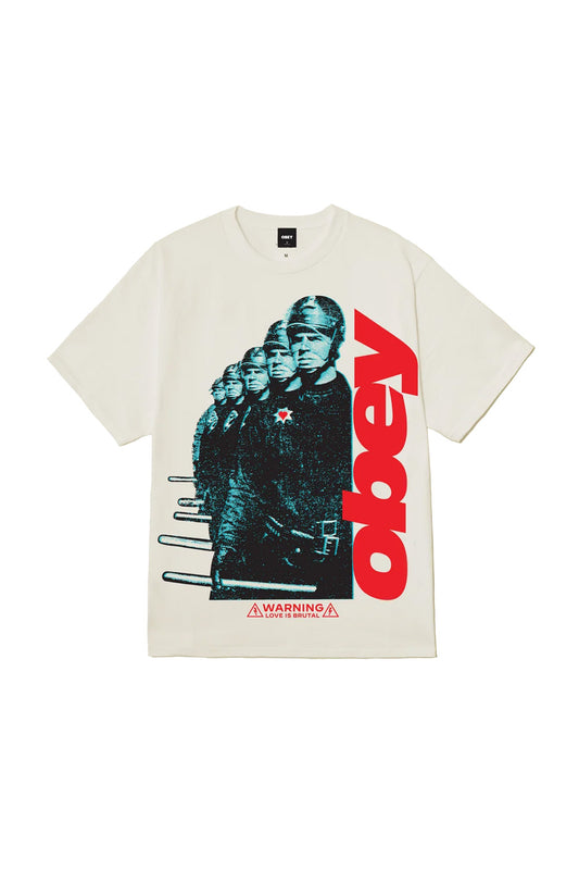 Front view of the vintage white Obey Love Is Brutal T-Shirt, crafted from heavy 6oz 100% cotton jersey in a loose boxy cut, featuring a large vertical screen print with blue halftone riot police officers, bold red vertical Obey text, and a red Warning Love Is Brutal sub-graphic.