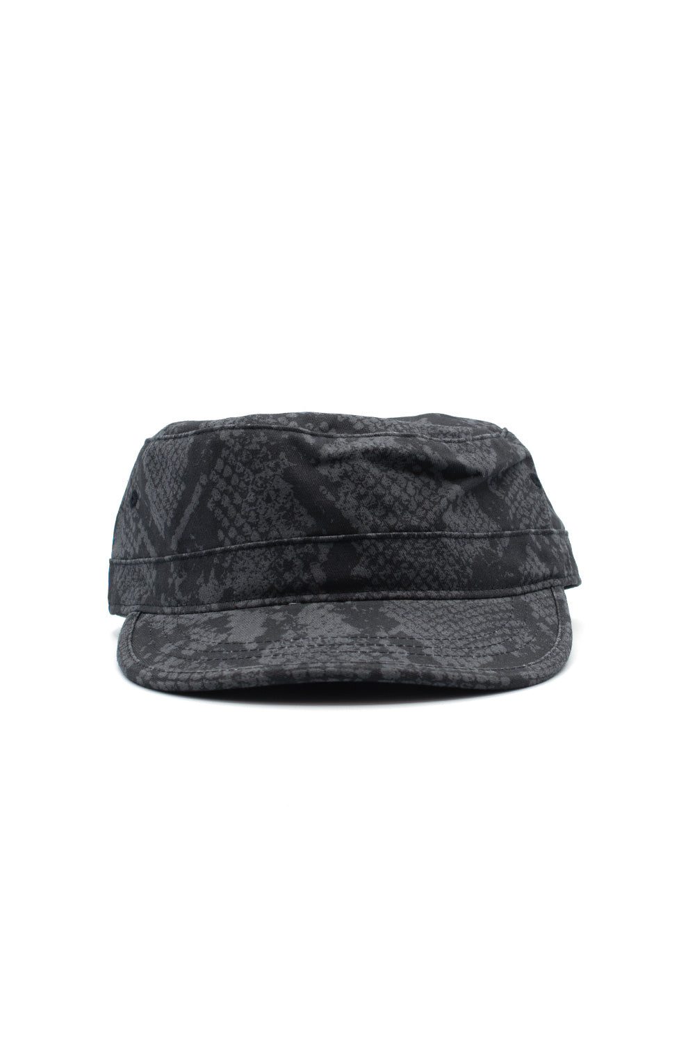 Front studio view of the Obey Page Cadet Cap, crafted from 100% cotton with a dark grey and black pigment-dyed snake skin scale pattern, featuring a classic flat-top military pillbox crown, structured horizontal band, and curved visor brim.