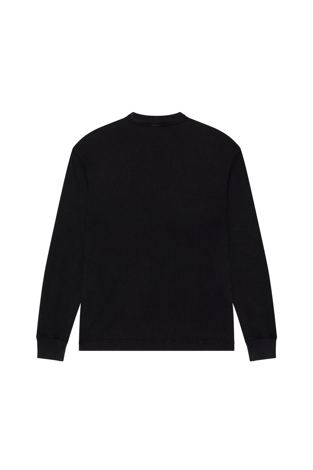 Rear flat lay view of the Obey Post Thermal shirt in washed Dusty Black Limo, highlighting the clean back panel, drop-shoulder seams, textured thermal grid pattern, and tight-knit ribbed collar and cuffs.