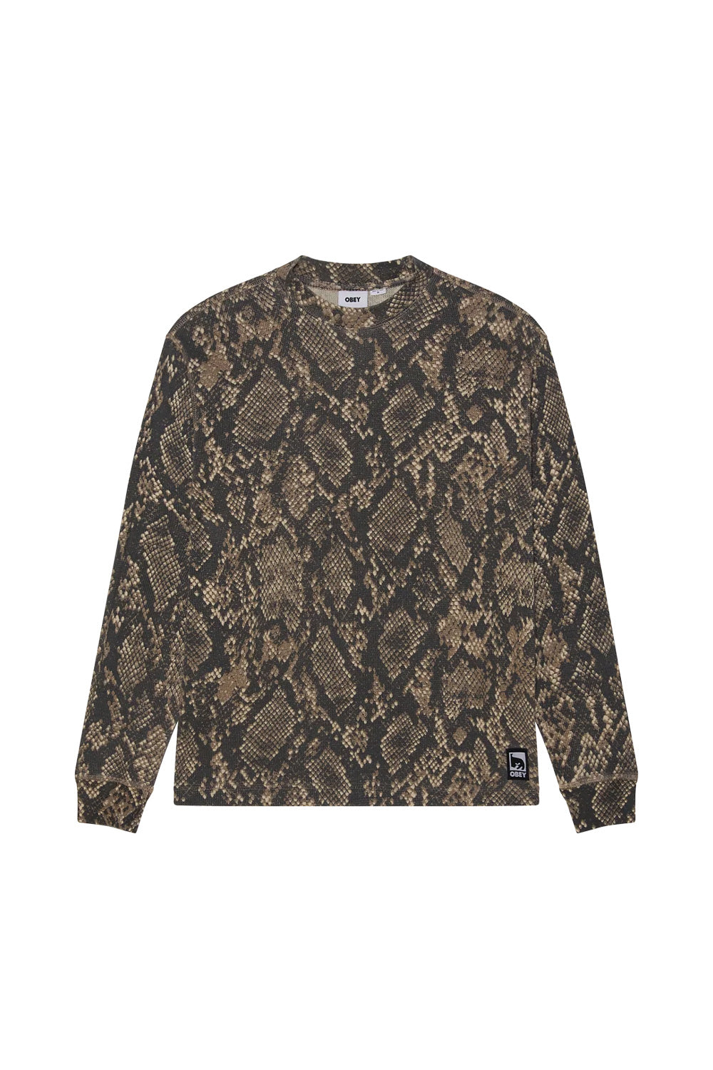 Front flat lay view of the Obey Post Thermal Longsleeve shirt in Dusty Vintage Rattlesnake, featuring a relaxed cut crafted from a coarse waffle-knit cotton-poly blend, covered in an allover earthy brown and grey snakeskin reptile pattern, ribbed crewneck collar, ribbed cuffs, and a black woven Obey André the Giant logo patch stitched on the lower left hemline.