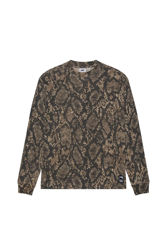 Front flat lay view of the Obey Post Thermal Longsleeve shirt in Dusty Vintage Rattlesnake, featuring a relaxed cut crafted from a coarse waffle-knit cotton-poly blend, covered in an allover earthy brown and grey snakeskin reptile pattern, ribbed crewneck collar, ribbed cuffs, and a black woven Obey André the Giant logo patch stitched on the lower left hemline.
