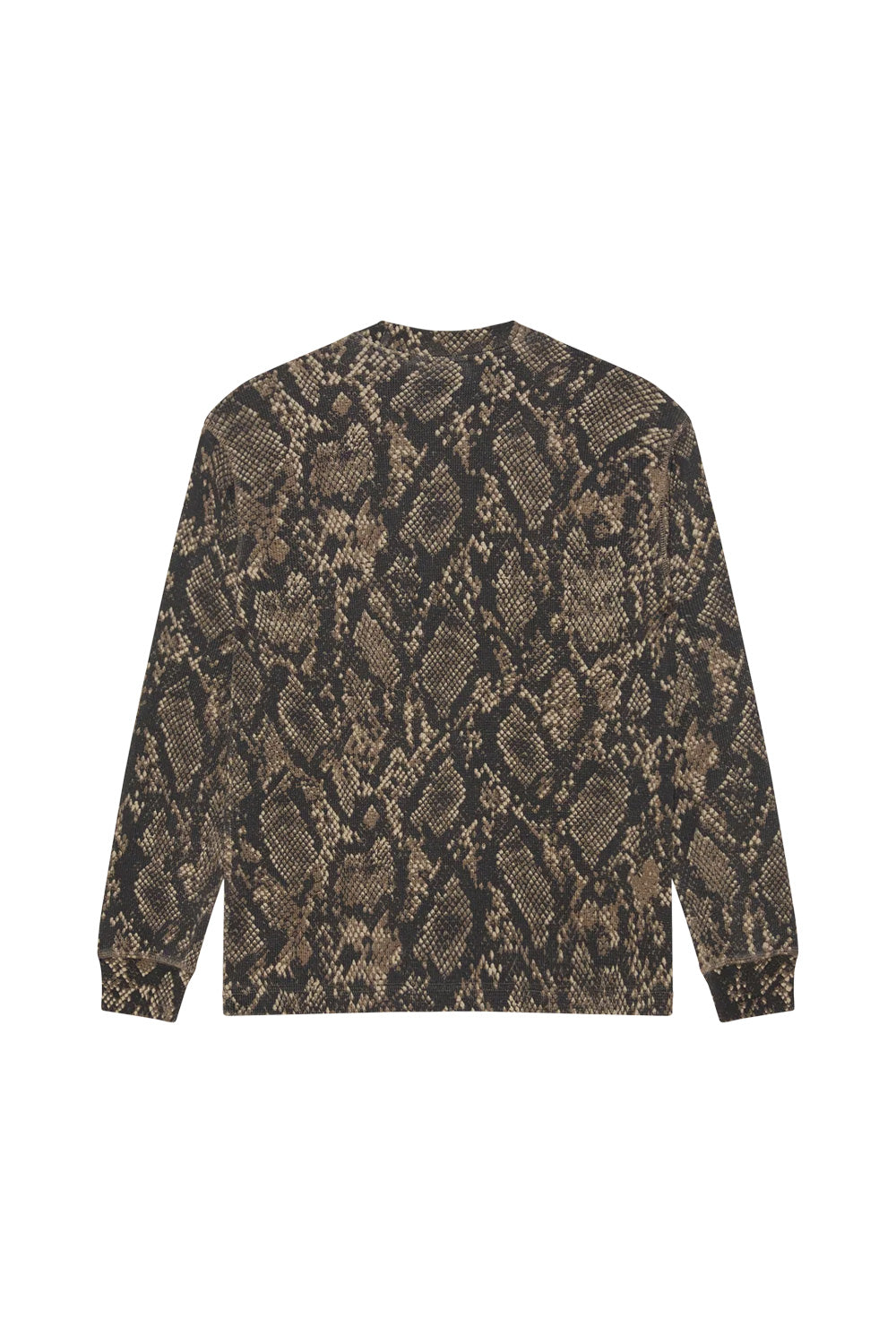 Rear flat lay view of the Obey Post Thermal shirt in Dusty Vintage Rattlesnake, displaying the continuous mottled rattlesnake scale pattern across the coarse textured waffle grid fabric, drop-shoulder seams, and fitted ribbed cuffs.