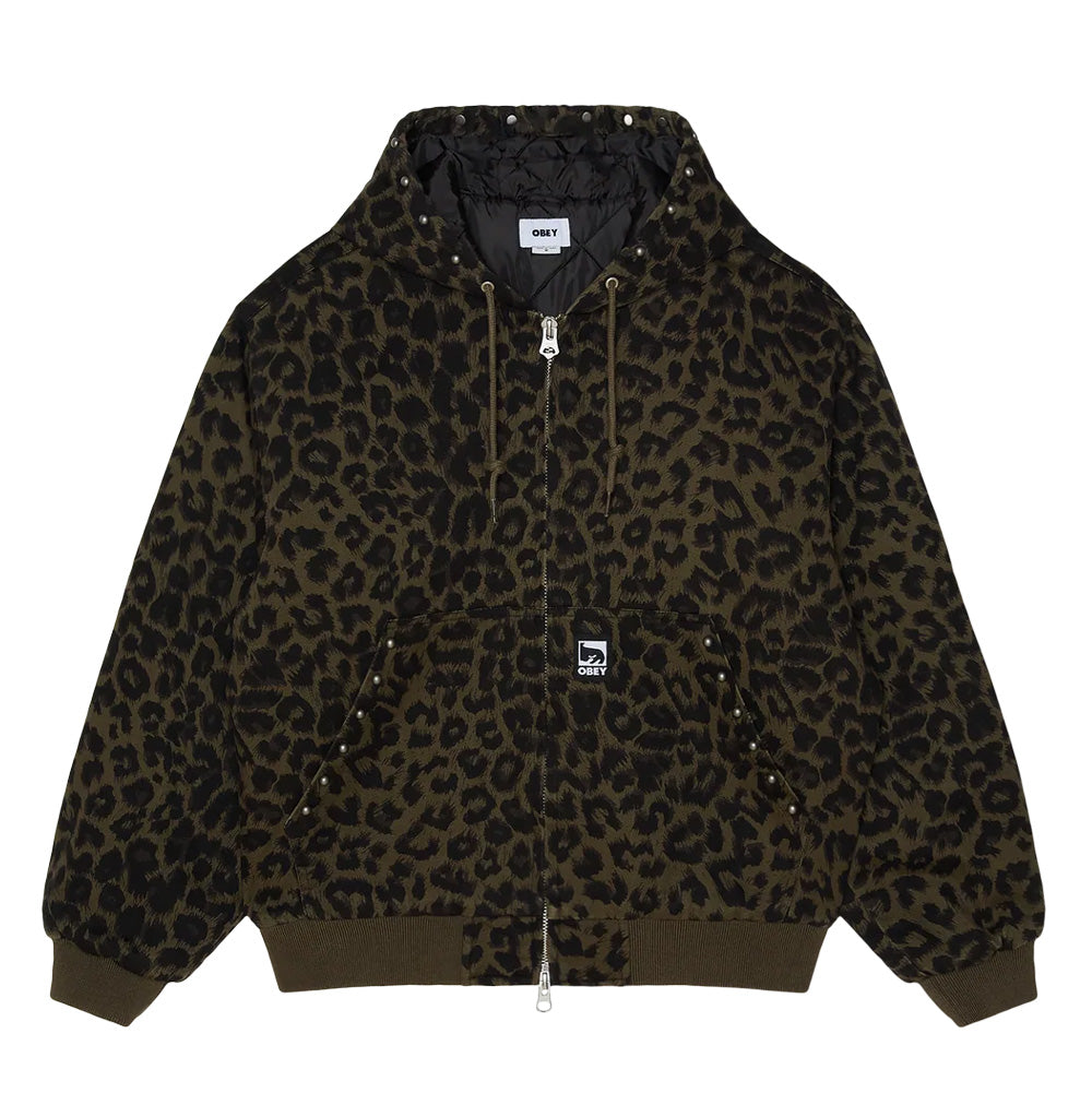 Front flat lay view of the Obey Studded Zip Up Jacket in Dark Leopard, showcasing a hooded cotton twill workwear silhouette in an allover olive and black animal print, lined with a row of round metallic studs along the hood edge and split kangaroo pockets, finished with a silver front zipper, dark olive rib-knit hem and cuffs, quilted lining, and an Obey logo patch.