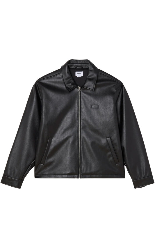 Front view of the black Obey Workman PU Jacket, constructed from textured black polyurethane faux leather in a boxy workwear fit, featuring a pointed turn-down collar, full-length silver front zipper, angled side welt pockets, and an embossed black Obey Eyes logo patch on the left chest.