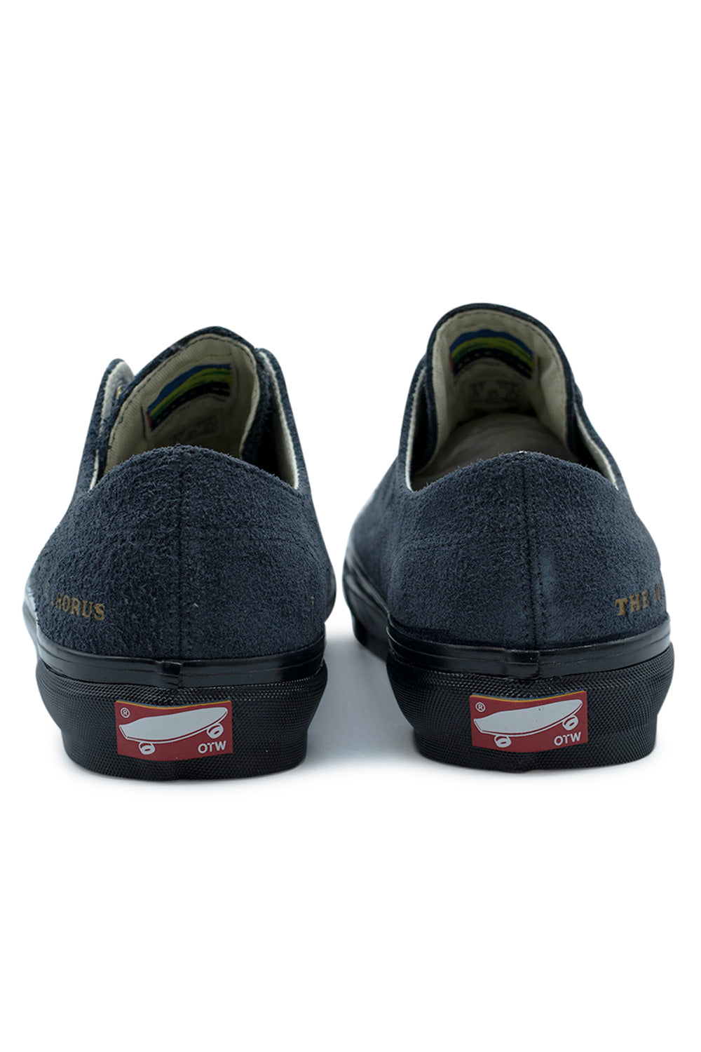 Back angle of Julian Klincewicz x OTW By Vans Style 31 with The Joyous Chorus branding, glossy black sidewall and classic OTW skate heel tab