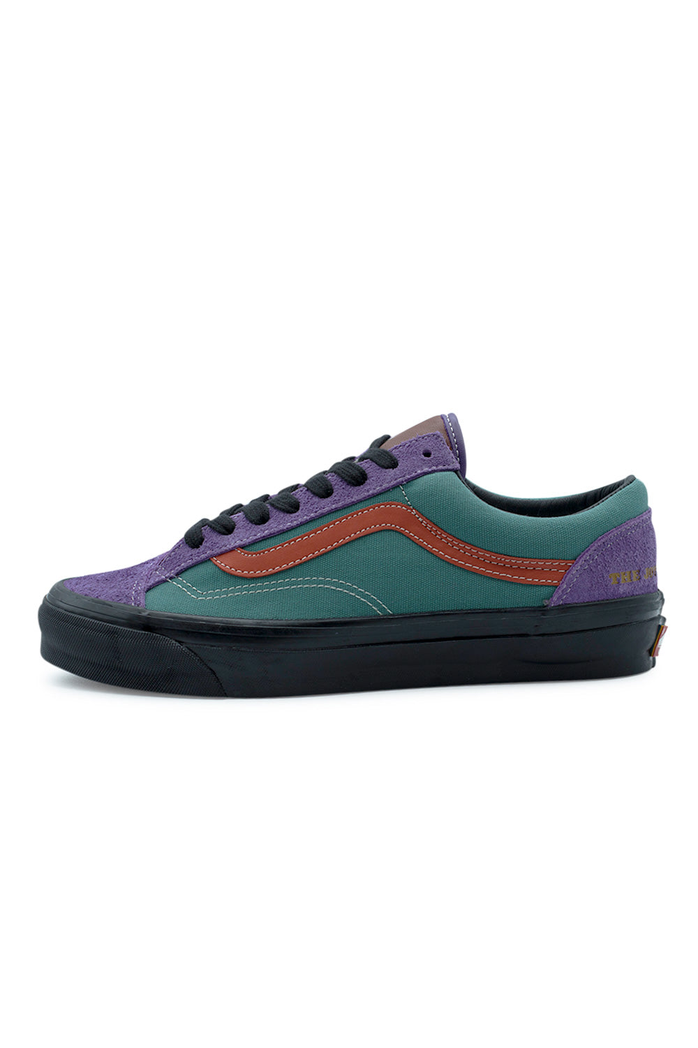 OTW by Vans x Julian Klincewicz Style 36 Ivy Green skate shoe with shaggy purple suede overlays, green canvas upper and glossy black vulcanized midsole
