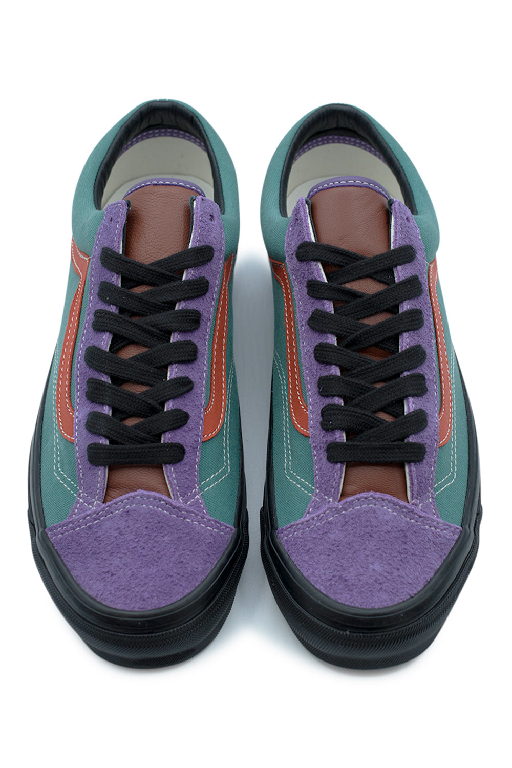 Top view of OTW By Vans Style 36 Old Skool sneaker in Ivy Green featuring premium suede toe panels, black laces and full-grain leather tongue construction