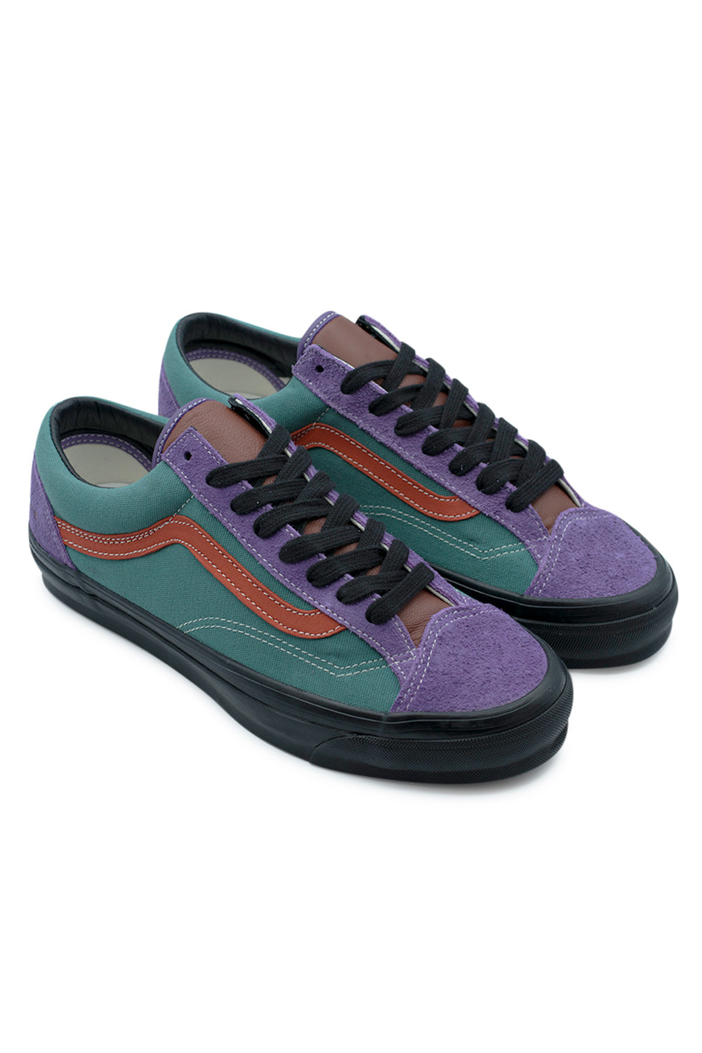 OTW By Vans x Julian Klincewicz Style 36 sneakers in Ivy Green and purple suede with brown jazz stripe, premium skateboarding construction and retro-inspired silhouette