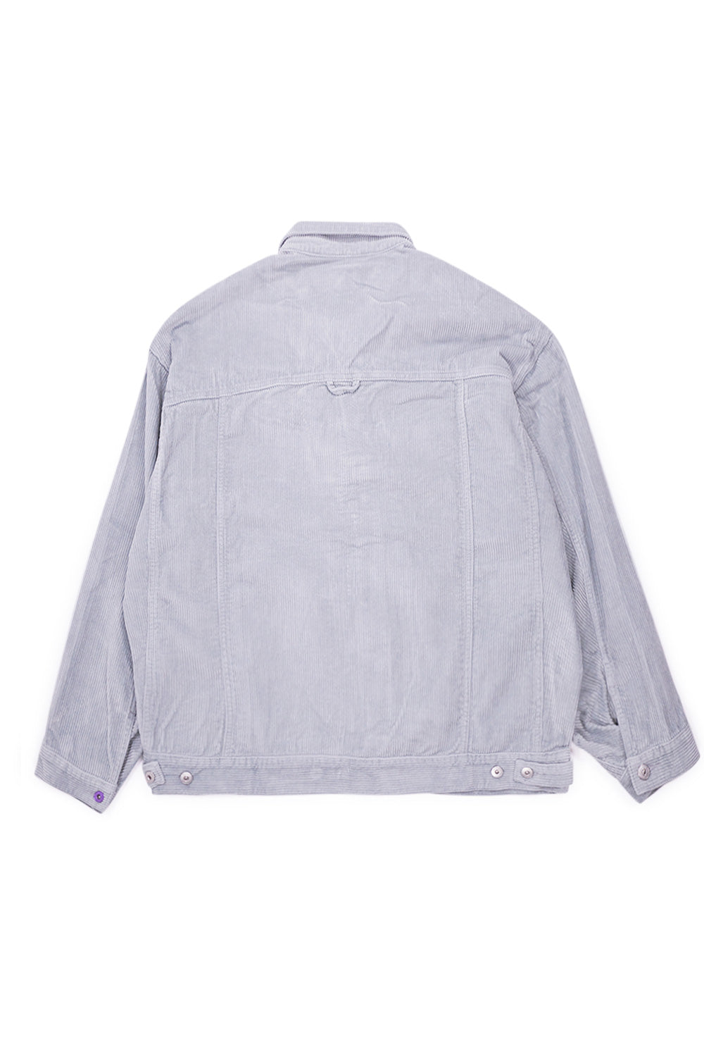 "Rückansicht der Perks and Mini EBB Corduroy Jacke in Sky Grey – Vintage-gewaschener Cordstoff mit verstellbaren Laschen am Saum"