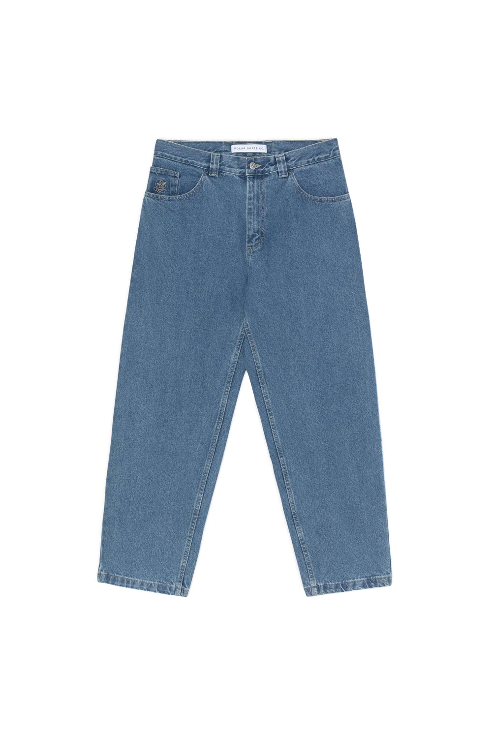 Polar Skate Co. 93 Pants Mid Blue – Vorderansicht der locker geschnittenen 5-Pocket-Jeans aus 435-Gramm-Denim