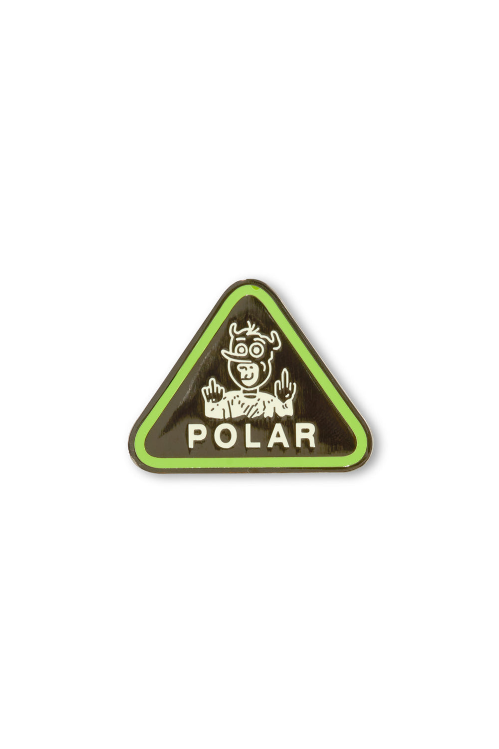Polar Skate Co. Devil Man Pin – Vorderansicht des dreieckigen Ansteckers mit grünem Rand und weißem Teufelsmotiv