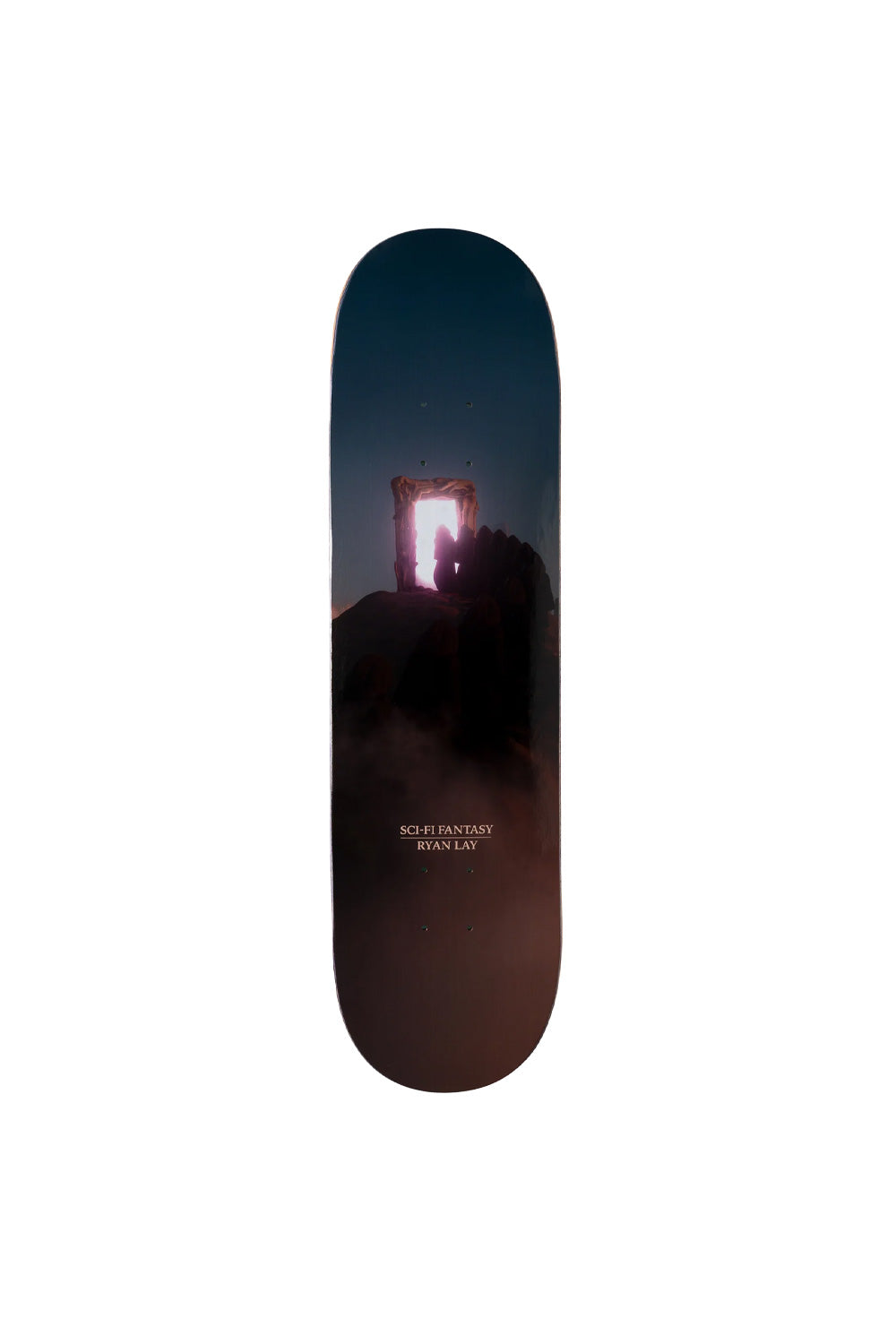 Frontalansicht des Sci-Fi Fantasy Lay Portal of Riza Skateboard-Decks in 8,38 Zoll mit einzigartigem Design und Grafik.