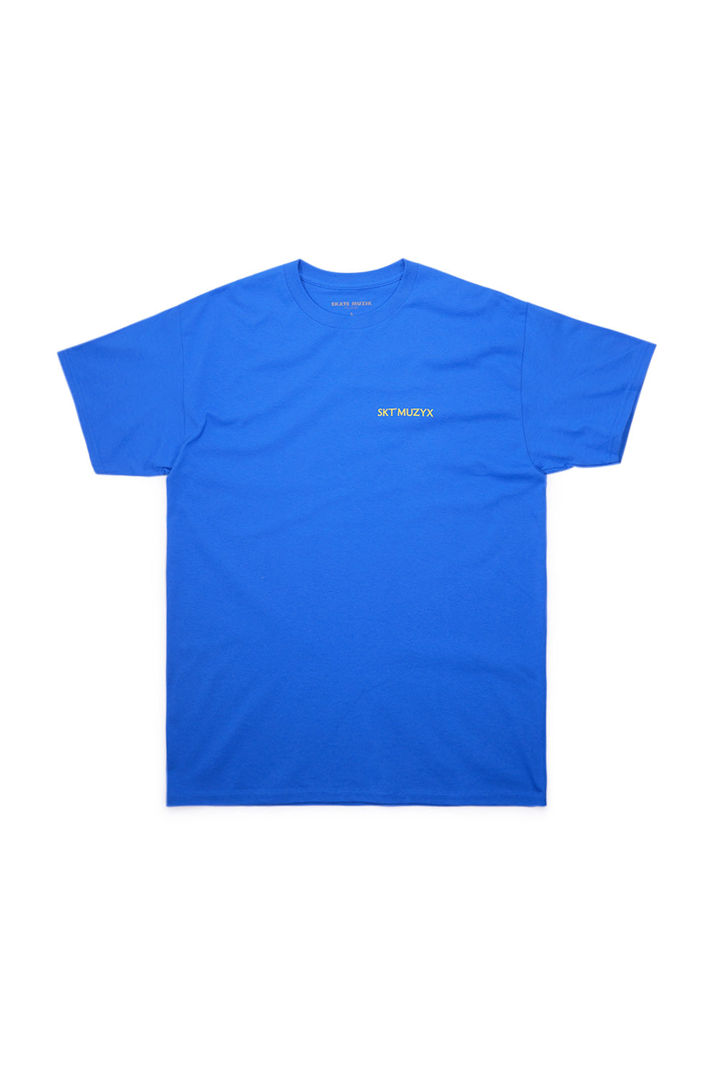 Frontalansicht des Skate Muzik Adventure T-Shirts in Royal Blue mit Brust- und Rückenaufdruck