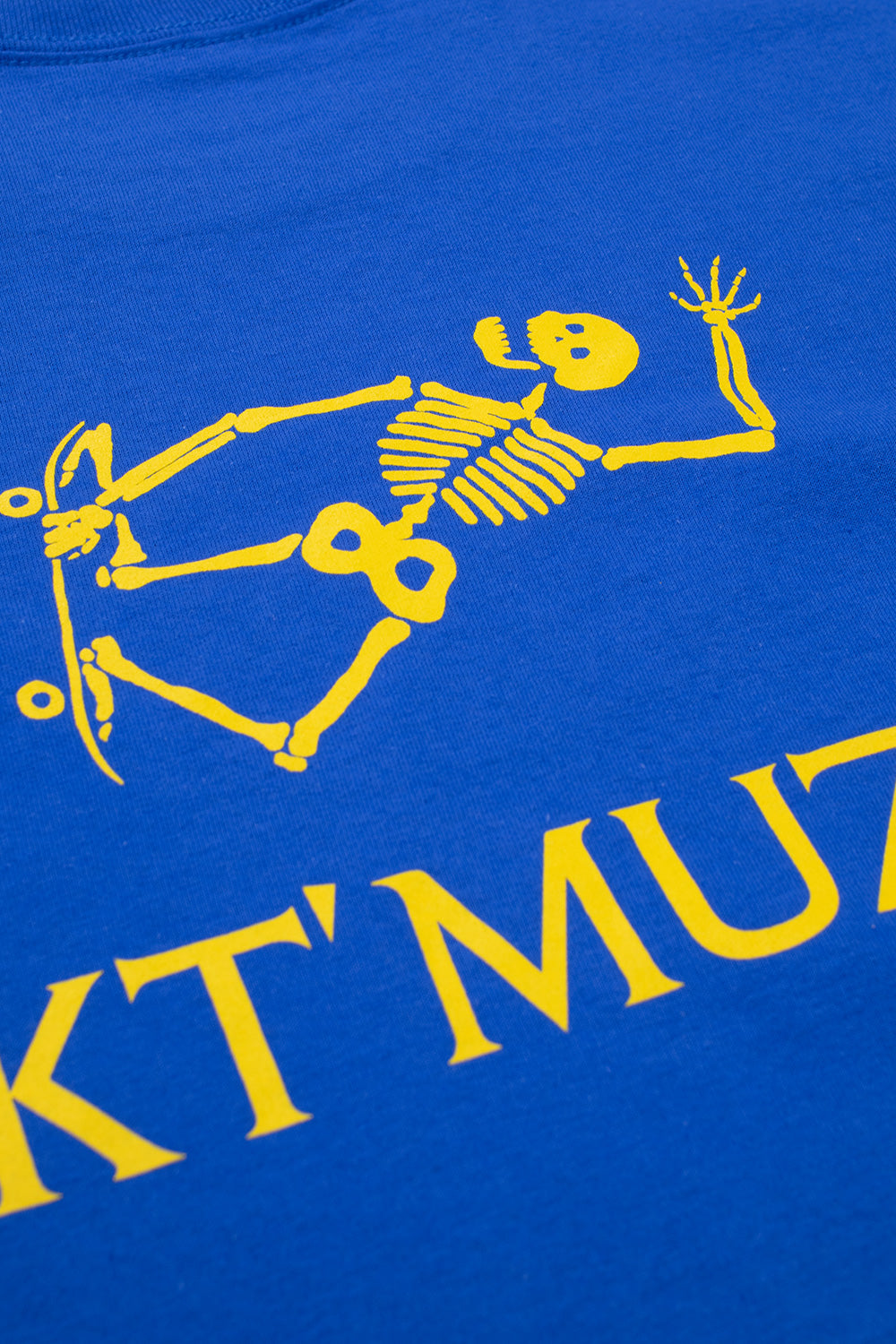 Rückansicht des königsblauen Skate Muzik Adventure T-Shirts mit detailliertem Rückenprint