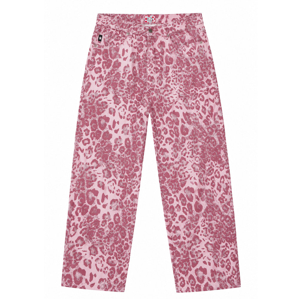 Front flat lay studio perspective of the pink Starteam East Village Leopard Star Jeans, featuring a relaxed roomy streetwear cut, classic five-pocket jean configuration with branded metal rivets, zip fly closure with custom engraved tack button, and seamless distribution of the two-tone pink leopard animal print from waist to hem.