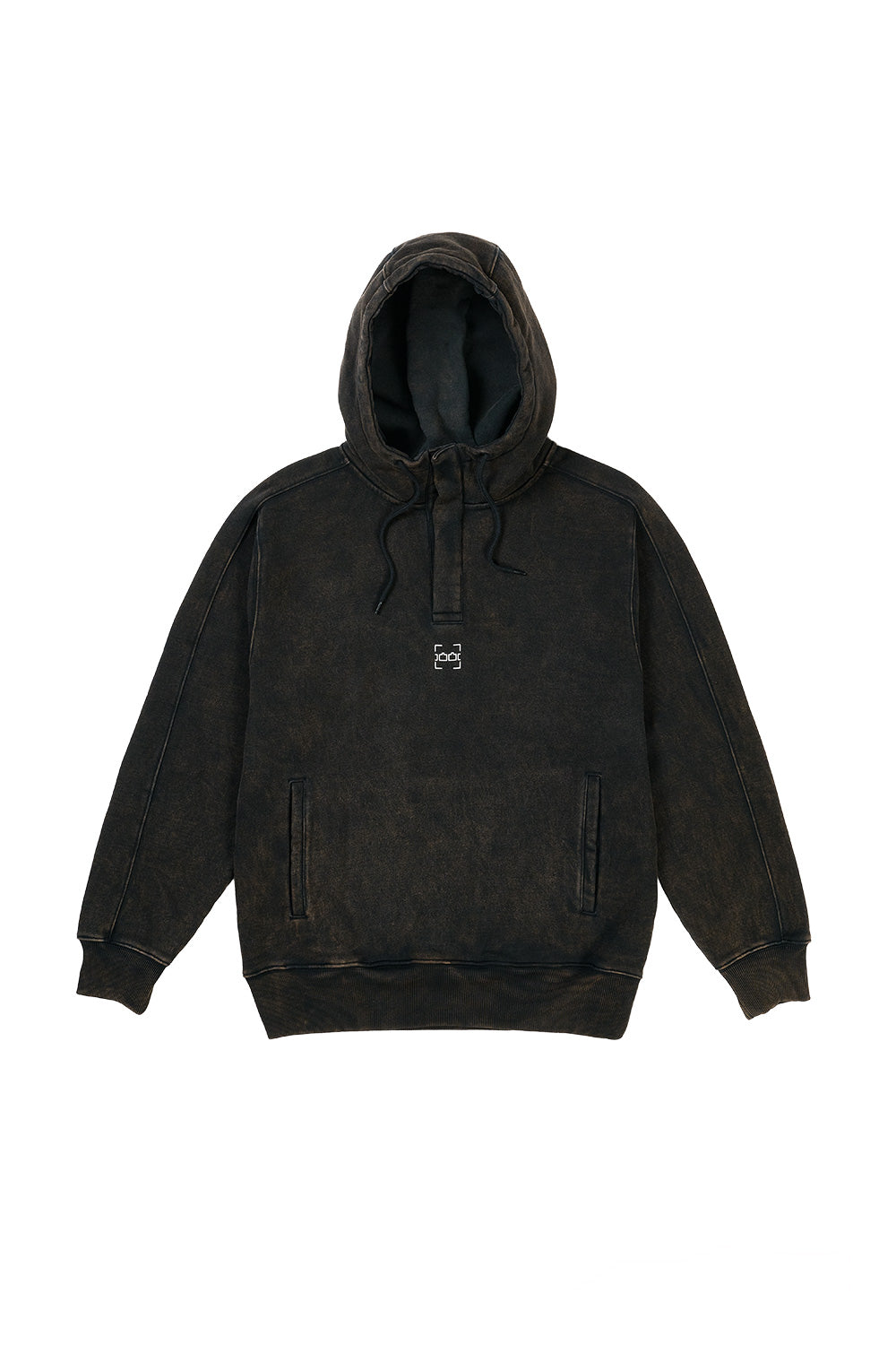 Front view of the The Trilogy Tapes Dash Line Hood Black Acid Wash hoodie featuring a heavyweight 100% cotton construction, loose oversized fit, adjustable drawstring hood, snap-button collar, embroidered Dash Line chest graphic and washed vintage black finish.
