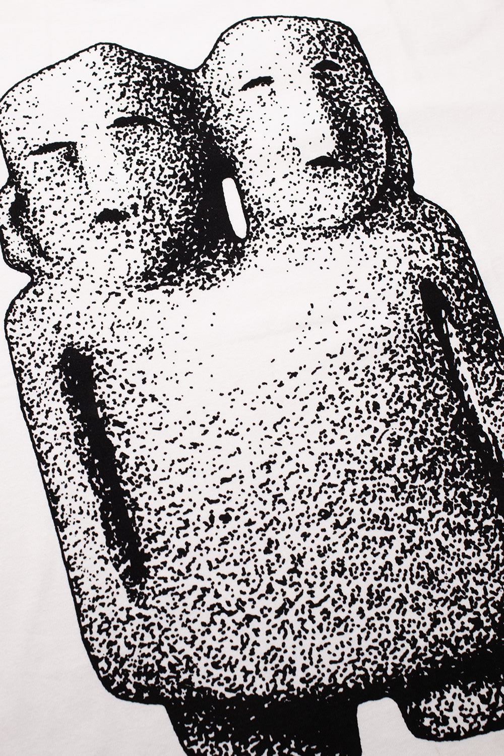 Close-up of the Double Headed artwork on the The Trilogy Tapes White Longsleeve, showcasing the bold monochrome illustration, premium screen-printed graphic, heavyweight cotton fabric and experimental visual language inspired by London's underground techno and art scene.