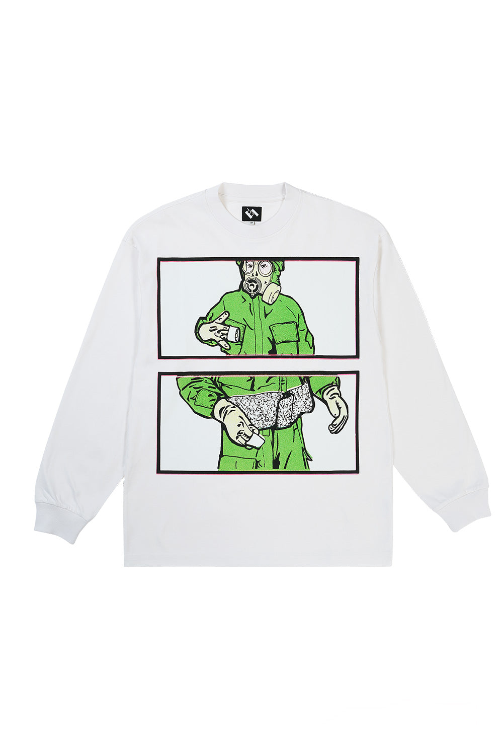 Front view of the The Trilogy Tapes Gas Mask Instruction Longsleeve White featuring a relaxed loose fit, heavyweight 100% cotton jersey, bold comic-inspired gas mask graphic print, long sleeves and premium underground streetwear design by Will Bankhead's iconic London label.
