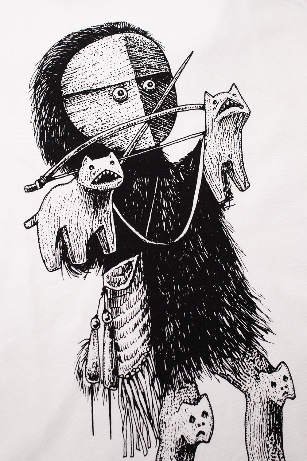 Close-up of the Siberian Girl artwork printed on the The Trilogy Tapes Raglan Black White tee, showcasing the signature hand-drawn illustration, premium screen print, heavyweight cotton jersey and experimental graphic design by Will Bankhead's cult London label.