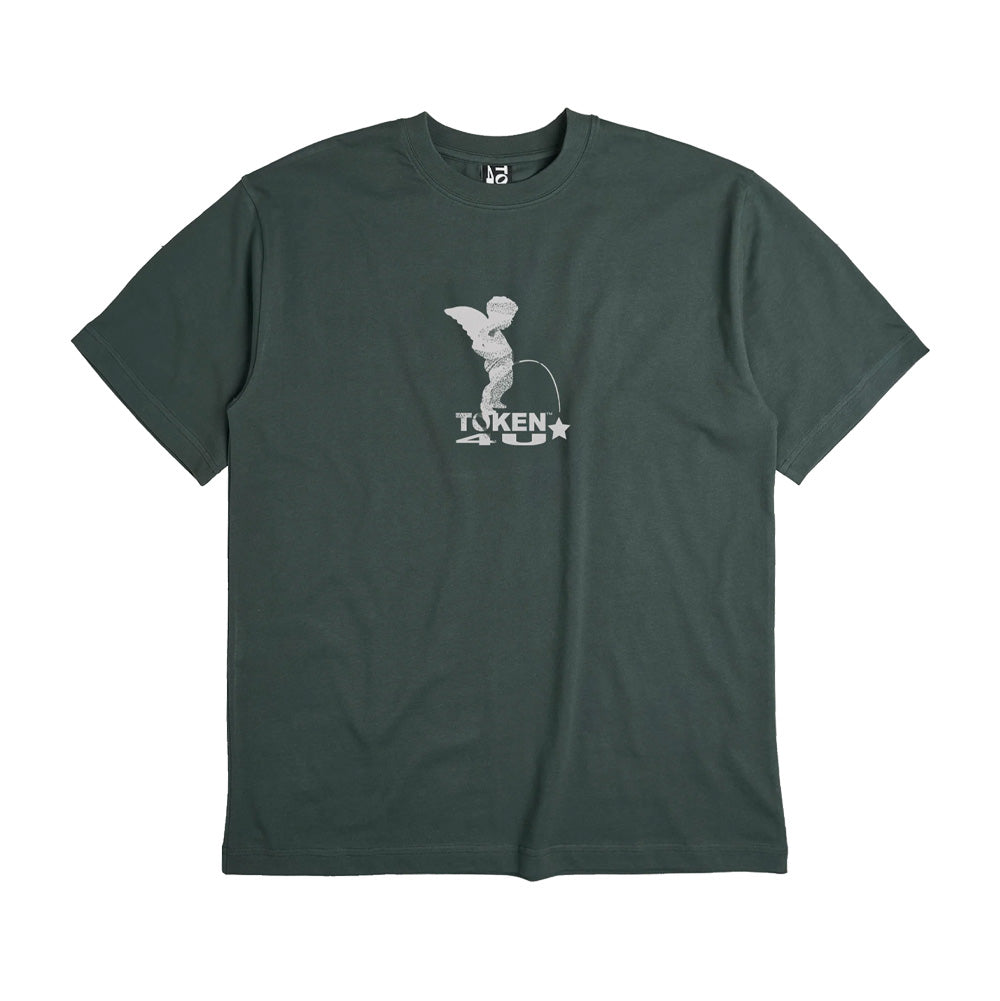 Front flat lay view of the Token Angelic T-Shirt in midnight green, showcasing a boxy relaxed skate fit, ribbed crewneck collar, short sleeves, and a centered chest graphic screen-printed in stark white depicting the Brussels Manneken Pis cherub statue with angel wings above the bold "TOKEN 4U" star logo.