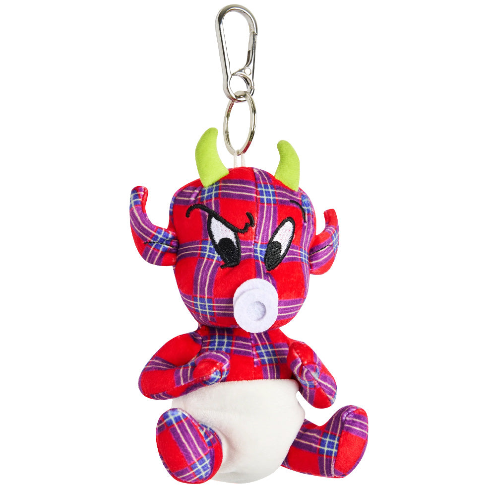 Studio portrait view of the Token Baby Devil Softie Key Chain, featuring a stuffed plush sitting baby devil doll made from vibrant red and blue woven plaid tartan fabric, accented with a white diaper, white pacifier dummy, embroidered expressive cartoon eyes and eyebrows, neon lime green horns alongside matching plaid ear-horns, and attached to a polished silver metal keychain split ring with a spring snap lobster clip at the top.