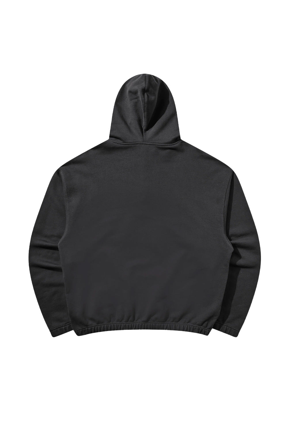 Back flat lay view of the washed black Umbro Censored Pearls Hoodie, highlighting the minimalist clean construction, dropped shoulder seams, elasticated gathered hem, and the structured drape of the fleece hood