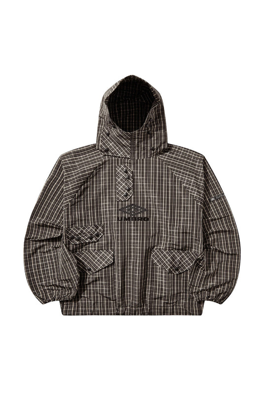 Umbro Check Smock Anorak Beige Dark Brown full front view, hooded pullover jacket with check pattern, embroidered Umbro logo, loose boxy fit streetwear anorak