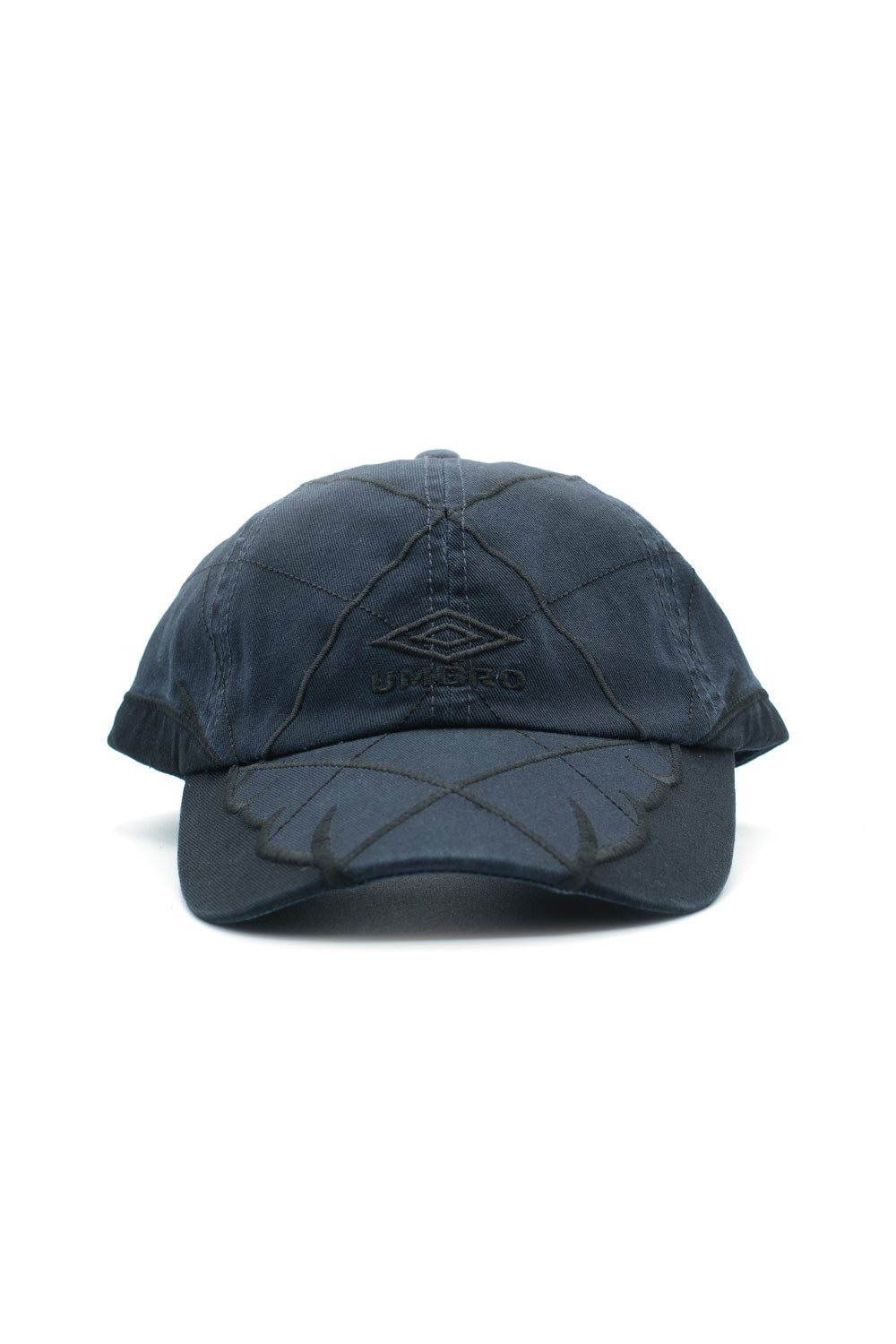 Umbro Collision Cap in blue black and anthracite colorway, front view of six panel cotton baseball cap with embroidered Umbro logo and curved brim