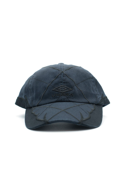 Umbro Collision Cap in blue black and anthracite colorway, front view of six panel cotton baseball cap with embroidered Umbro logo and curved brim