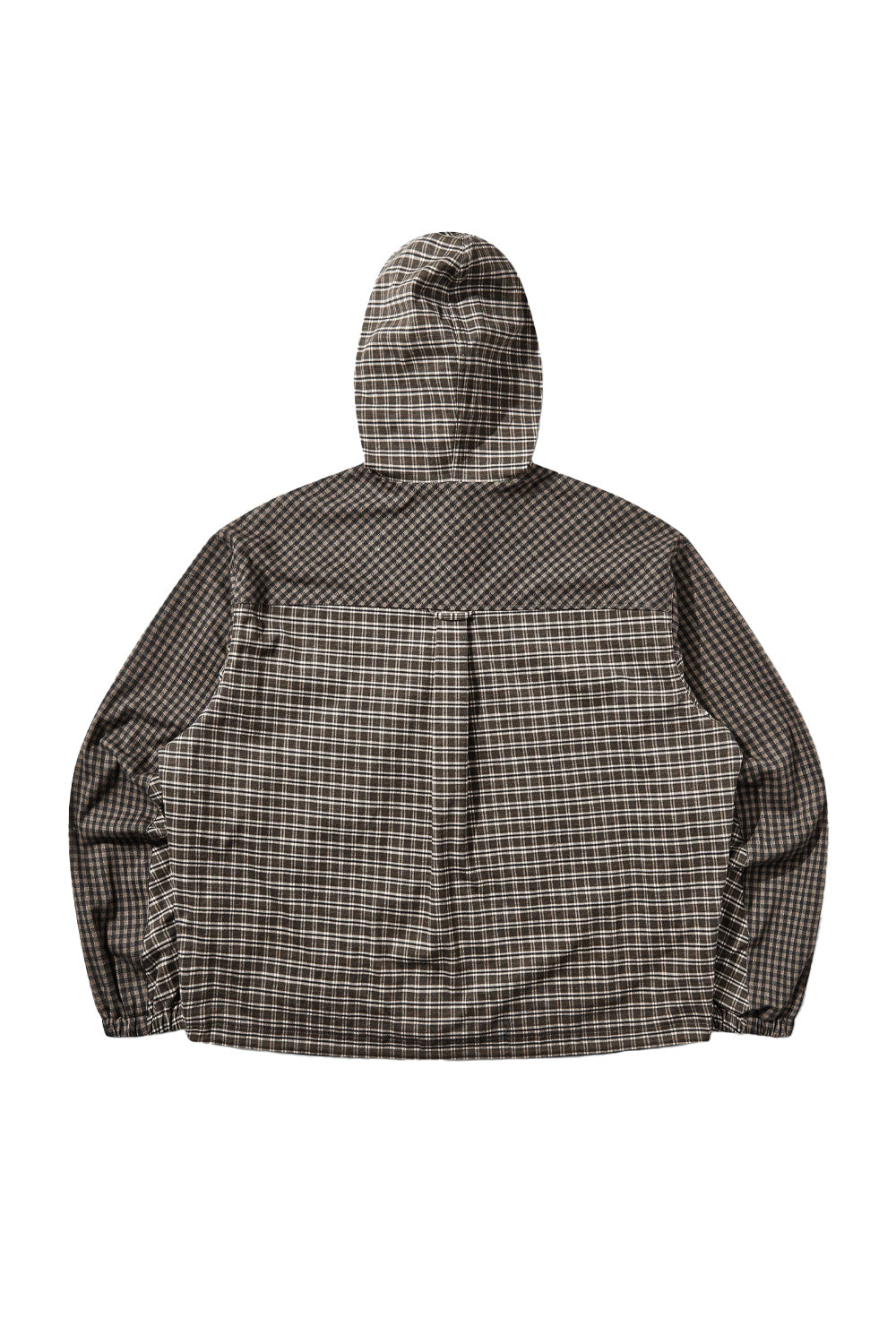 Back flat lay view of the dark brown Umbro Double Plaid Jacket, displaying the paneled tartan construction with a diagonal micro-check shoulder yoke, a central pleat loop detail below the horizontal seam, relaxed drop shoulders, elasticated waistband, and structured hood