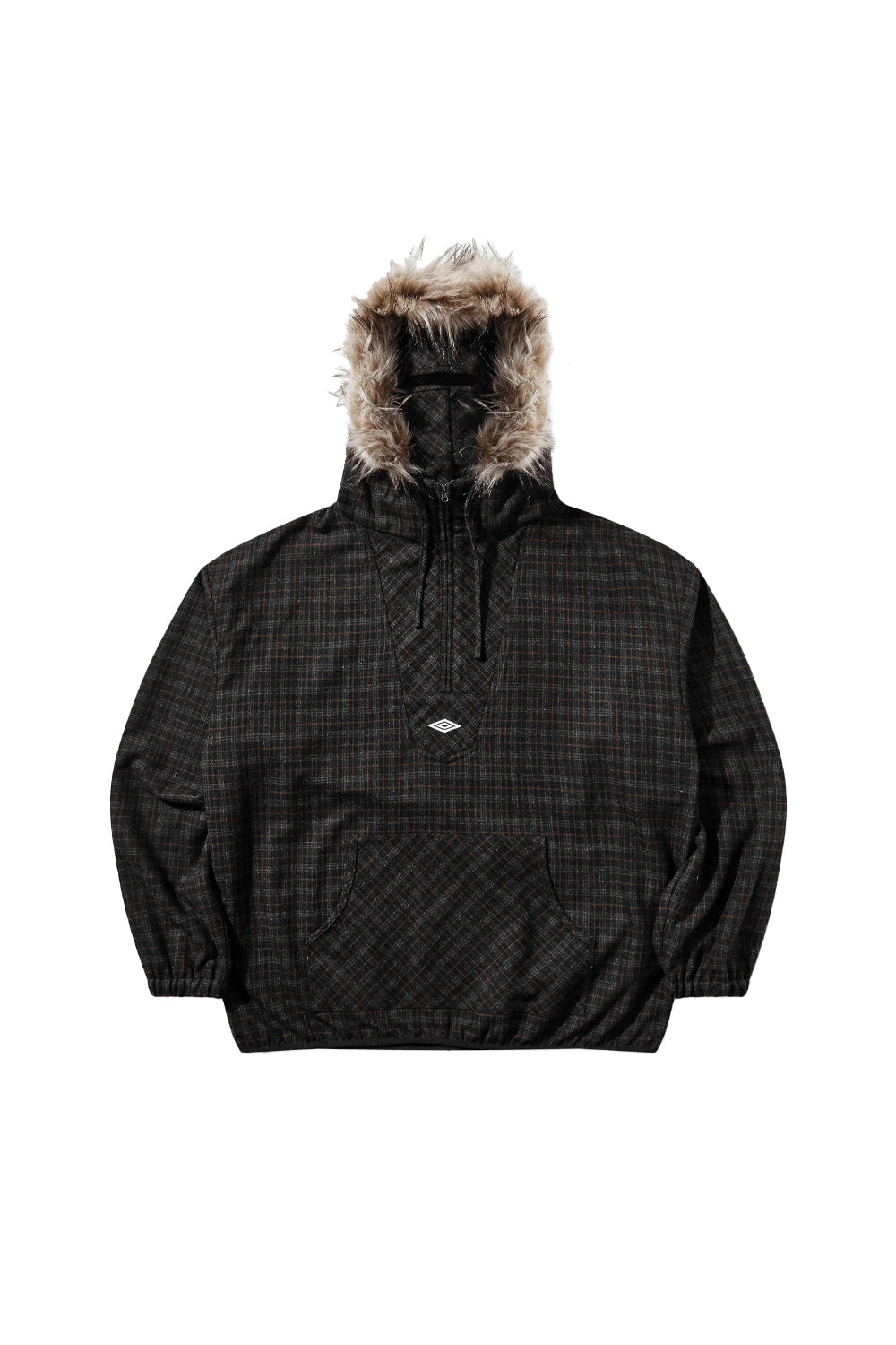 Front flat lay view of the Umbro Flannel Fur Anorak in dark brown, featuring a brushed tartan plaid flannel shell in charcoal and rust brown, an oversized hood bordered with shaggy beige faux fur trim, a half-zip placket with drawstring adjusters, an embroidered white Umbro double diamond logo on the chest tab, a central kangaroo pocket, and elasticated hem and cuffs