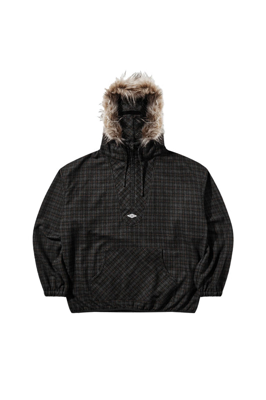 Front flat lay view of the Umbro Flannel Fur Anorak in dark brown, featuring a brushed tartan plaid flannel shell in charcoal and rust brown, an oversized hood bordered with shaggy beige faux fur trim, a half-zip placket with drawstring adjusters, an embroidered white Umbro double diamond logo on the chest tab, a central kangaroo pocket, and elasticated hem and cuffs