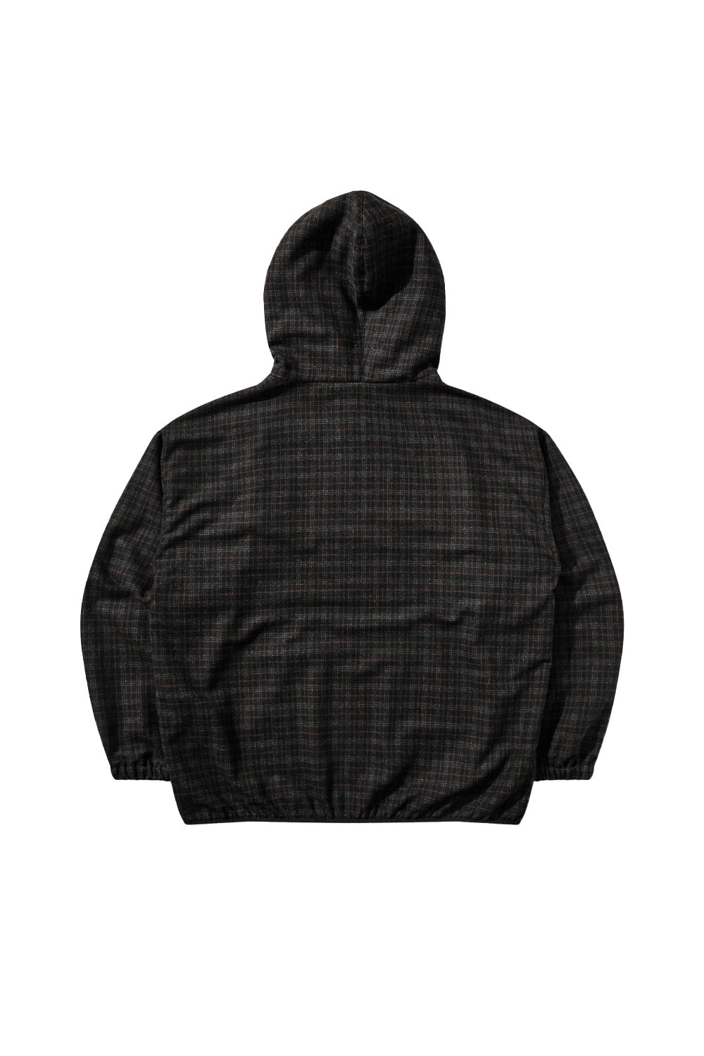 Back flat lay view of the dark brown Umbro Flannel Fur Anorak, displaying the clean all-over windowpane check flannel pattern, relaxed drop-shoulder cut, elasticated waistband, and the voluminous draped hood