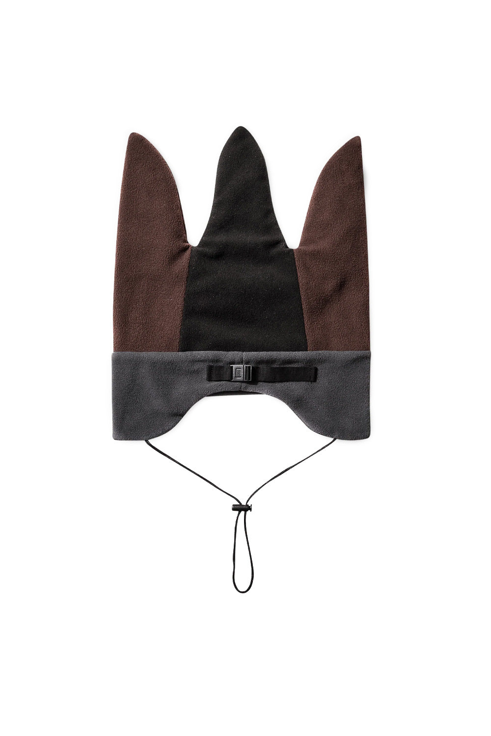 Rear flat lay view of the Umbro Fleece Jester Hat, highlighting the back color-blocked panel construction with burgundy side points, black center point, charcoal grey lower earflap trim with a small black nylon buckle strap at the nape, and the hanging elastic chin cord