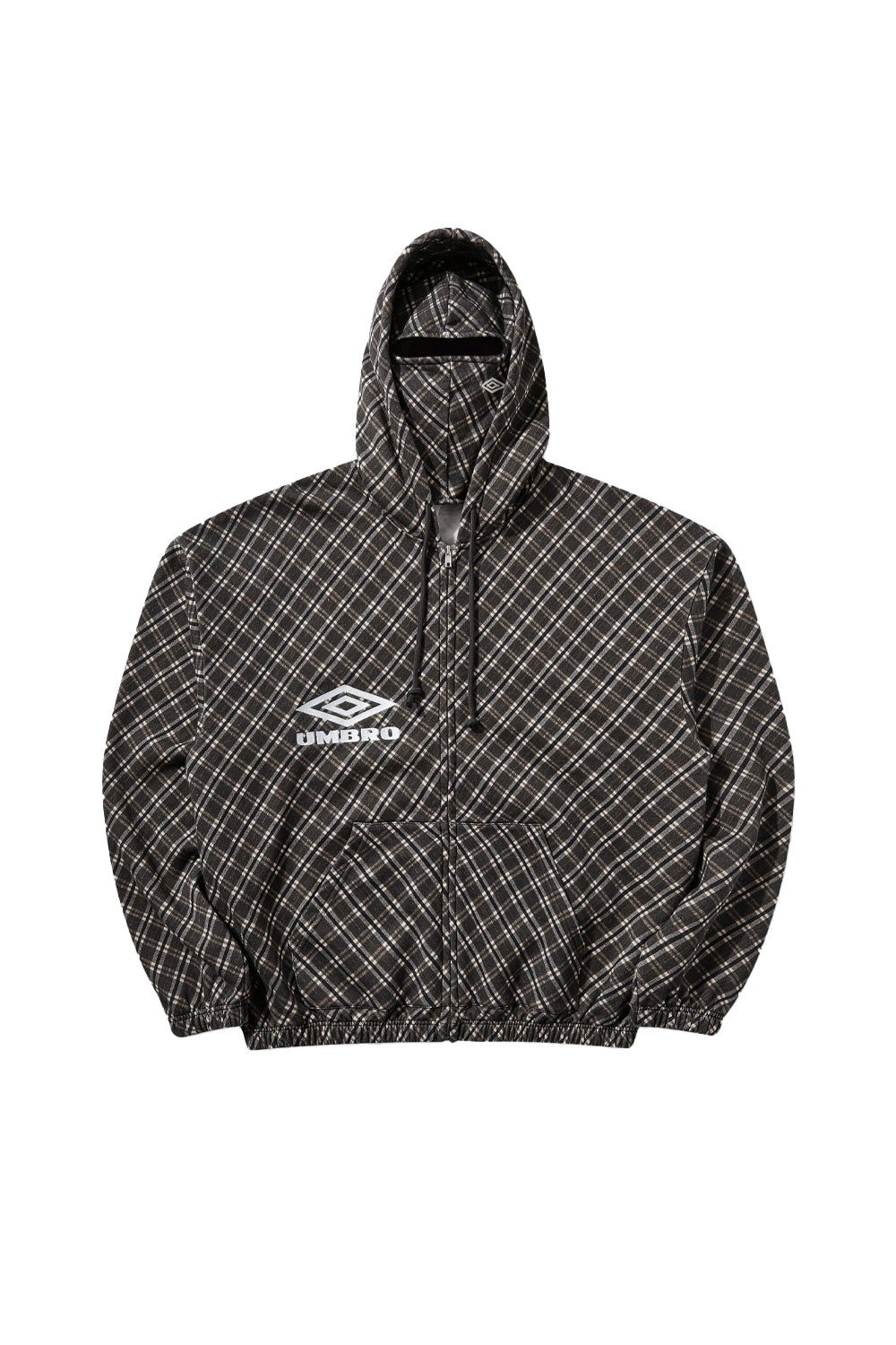 Front flat lay view of the Umbro Plaid Masked Hoodie in brown, featuring a diagonal tartan check pattern in brown, beige, and black tones, a full metal front zip, split kangaroo pouch pocket, elasticated hem and cuffs, white embroidered Umbro diamond logo on the right chest, and a hood equipped with an integrated matching plaid balaclava face mask with a bound horizontal eye slit