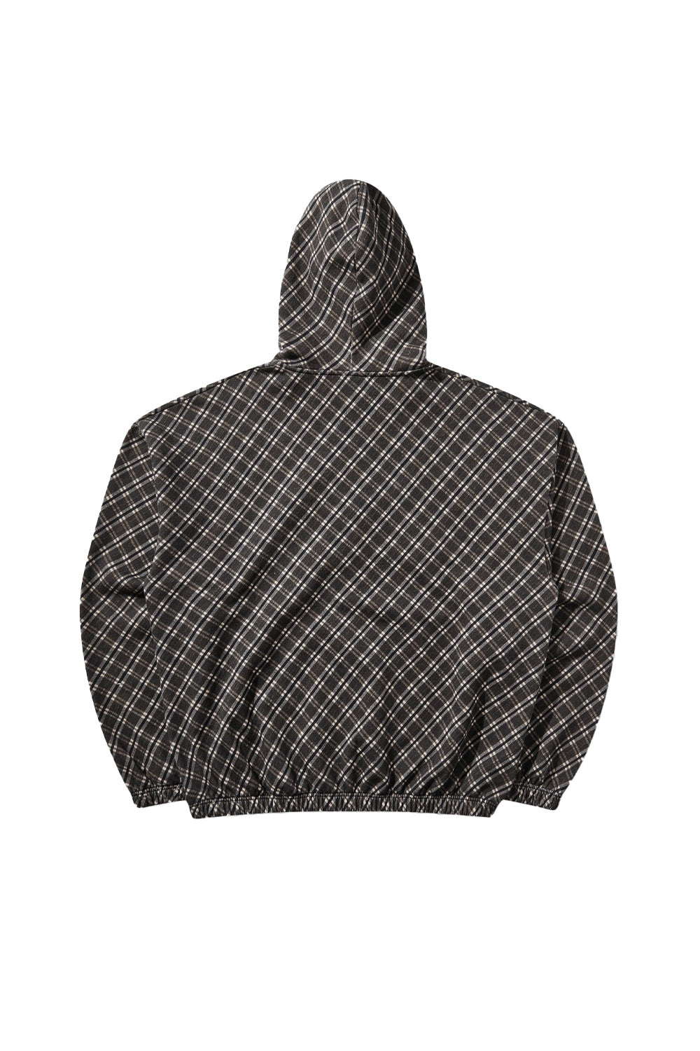 Back flat lay view of the brown Umbro Plaid Masked Hoodie, showcasing the seamless diagonal plaid tartan pattern, wide boxy cut with dropped shoulders, elasticated waistband, and contoured hood construction