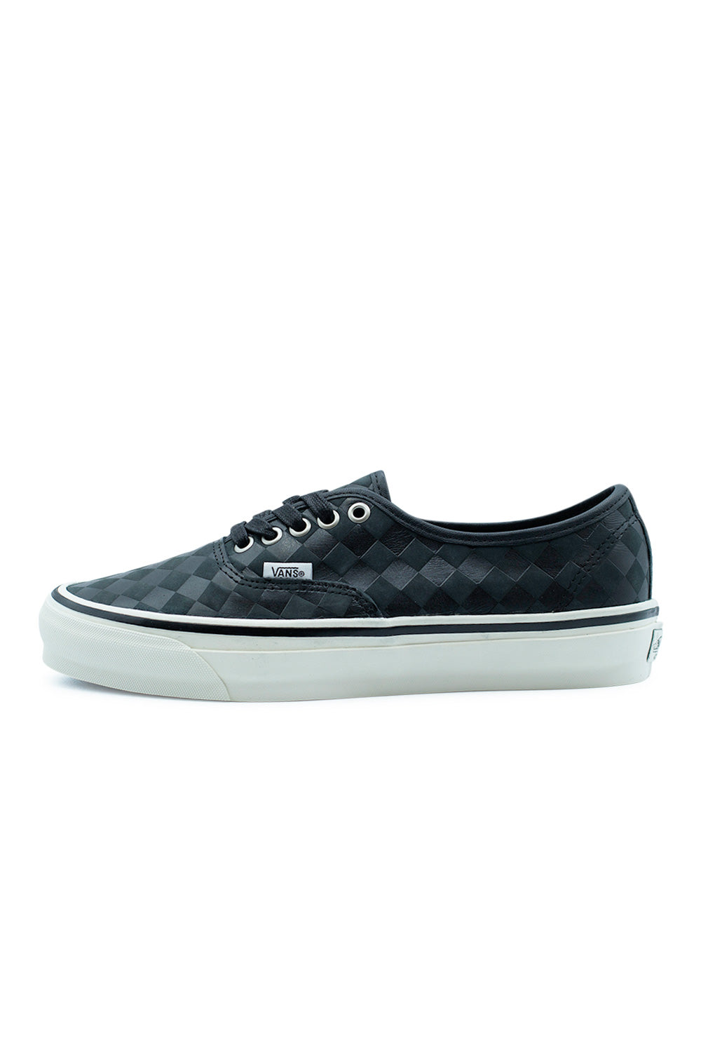 Vans LX Authentic 44 Diamond Check Blackout premium skate sneaker side view featuring embossed diamond check leather upper, vintage Style 44 silhouette and classic vulcanized rubber sole
