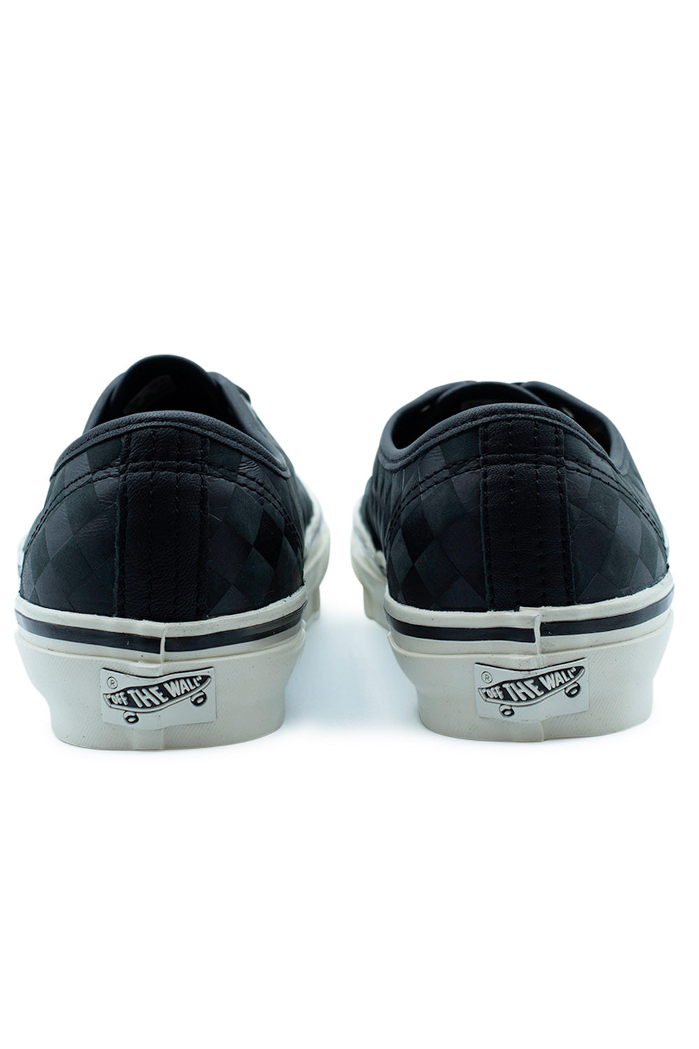 Rear view of Vans LX Authentic 44 Diamond Check Blackout with Off The Wall heel tab, striped stitching detail and premium leather upper inspired by original 1970s Vans Style 44