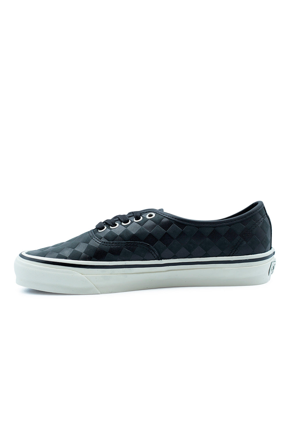 Vans LX Authentic 44 Diamond Check Blackout premium leather sneaker lateral profile emphasizing vintage Authentic shape, monochrome blackout finish and durable vulcanized construction