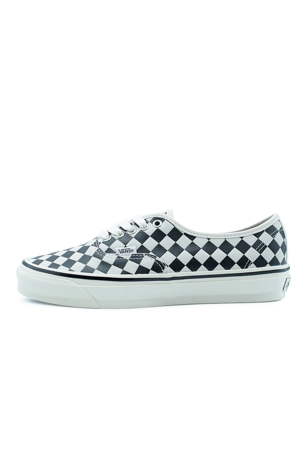 Vans LX Authentic 44 Diamond Check Black White premium skate sneaker side profile featuring embossed checkerboard leather upper, vintage Style 44 silhouette and classic vulcanized rubber sole