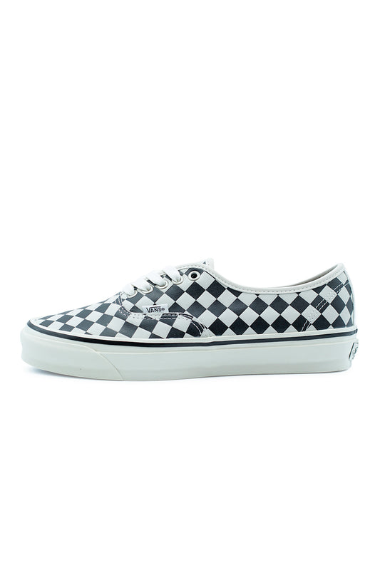 Vans LX Authentic 44 Diamond Check Black White premium skate sneaker side profile featuring embossed checkerboard leather upper, vintage Style 44 silhouette and classic vulcanized rubber sole