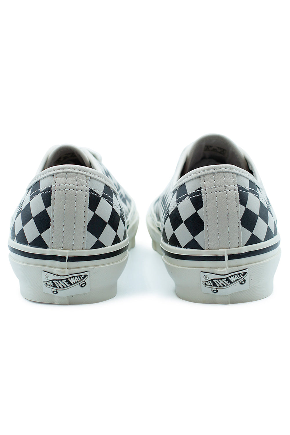 Rear view of Vans LX Authentic 44 Diamond Check Black White with Off The Wall heel tab, striped heel stitching and premium leather checkerboard design inspired by original Vans Style 44