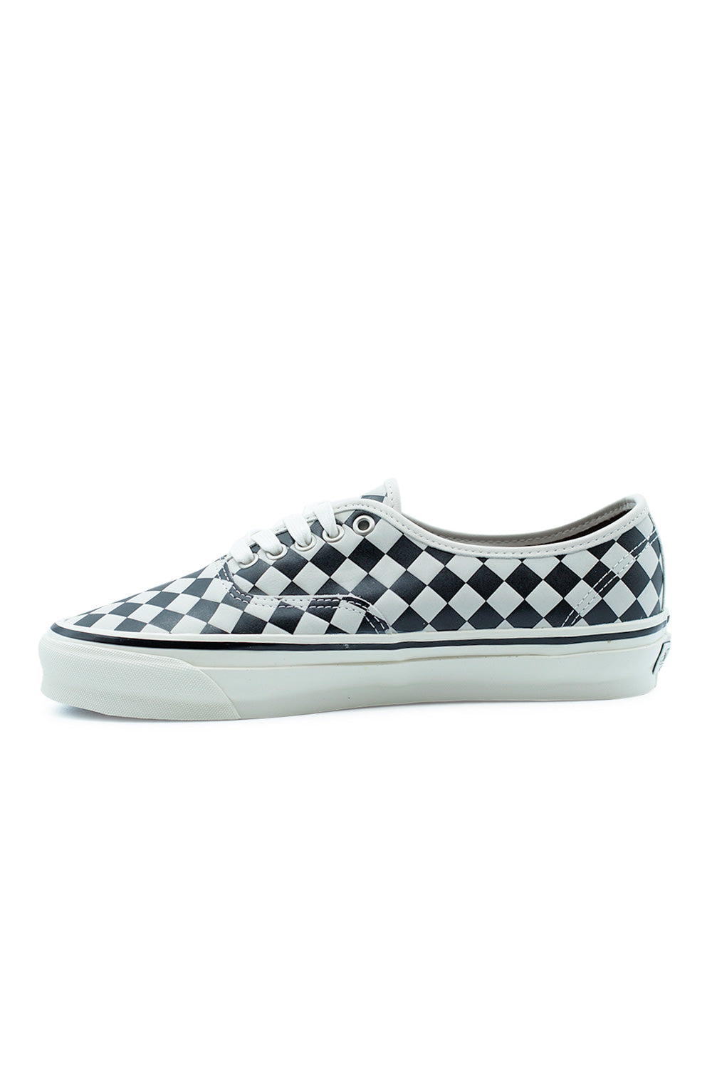 Vans LX Authentic 44 Diamond Check Black White premium skateboarding sneaker lateral view with iconic Vans checkerboard pattern and durable vulcanized construction