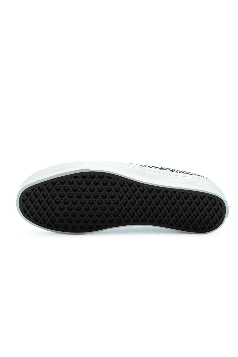 Full bottom view of the black vulcanized rubber waffle tread outsole on the Vans LX Authentic 44 Heritage Black sneaker, engineered for classic boardfeel and traction.