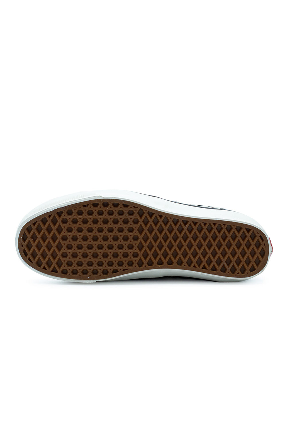 Full bottom view of the gum rubber vulcanized outsole on the Vans LX Authentic 44 Zebra Marshmallow shoe, showing the signature 1966 diamond waffle tread pattern engineered for skateboard grip and board feel.