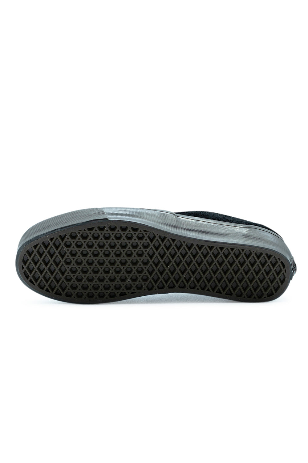 Full bottom view of the dark faded black vulcanized rubber waffle tread outsole on the Vans LX Authentic Ease shoe, engineered for classic skateboard traction and direct boardfeel.