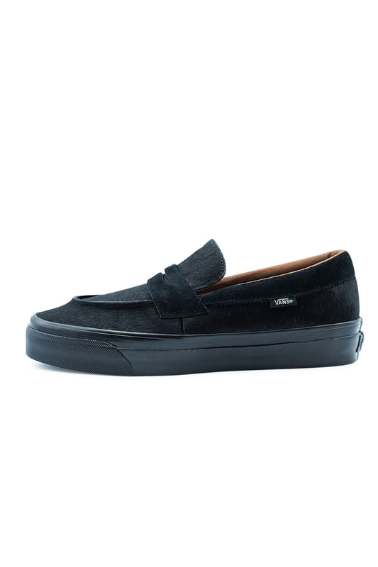 Vans LX Loafer 53 Pony Hair Black side profile featuring all black premium leather upper with textured pony hair finish, minimalist luxury slip-on loafer with vulcanized sole