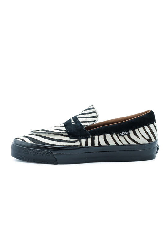 Vans LX Loafer 53 Pony Hair Zebra side view featuring bold zebra print upper, premium textured leather and vulcanized sole, luxury streetwear loafer with skate heritage