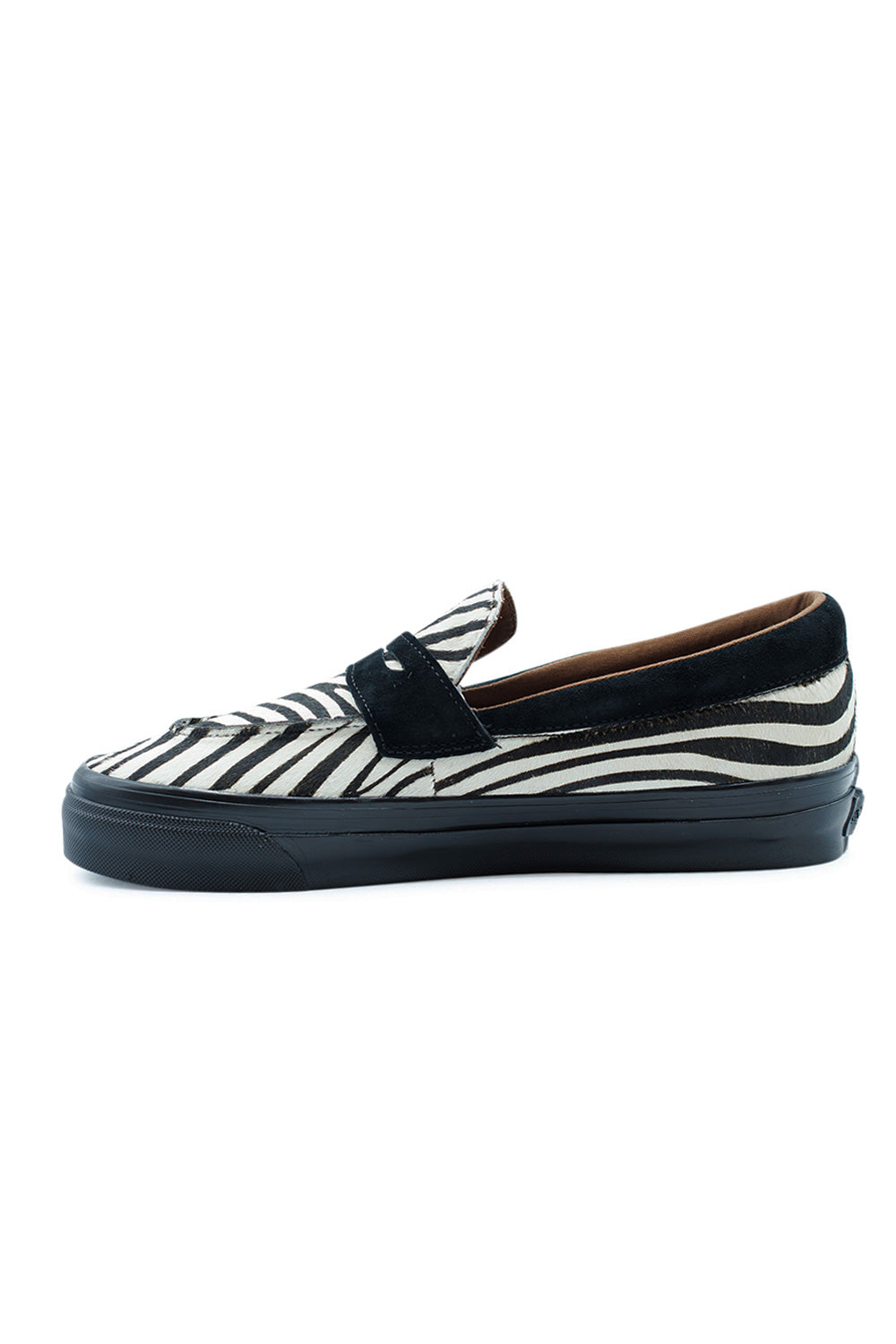 angled side Vans LX Loafer 53 zebra print featuring premium pony hair leather upper, black foxing tape and refined craftsmanship for luxury casual footwear