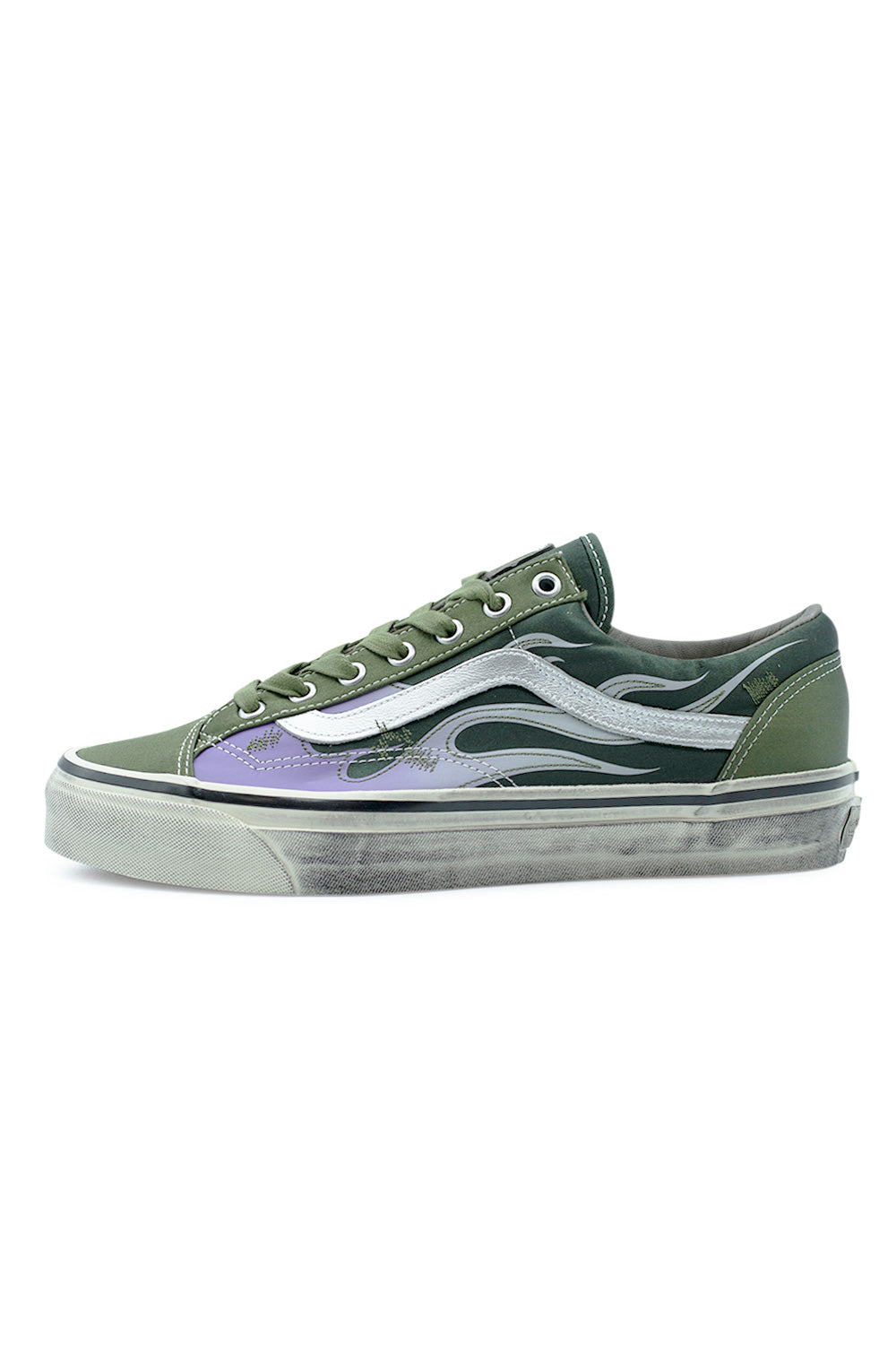 Vans LX Old Skool 36 “Archive Flame Green Balsam” premium low-top sneaker with glossy satin upper, layered olive tones and fluid flame artwork along the side panel